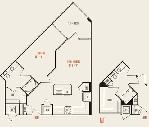 Floor plan for 1 bed, 1 bath, 726 sqft